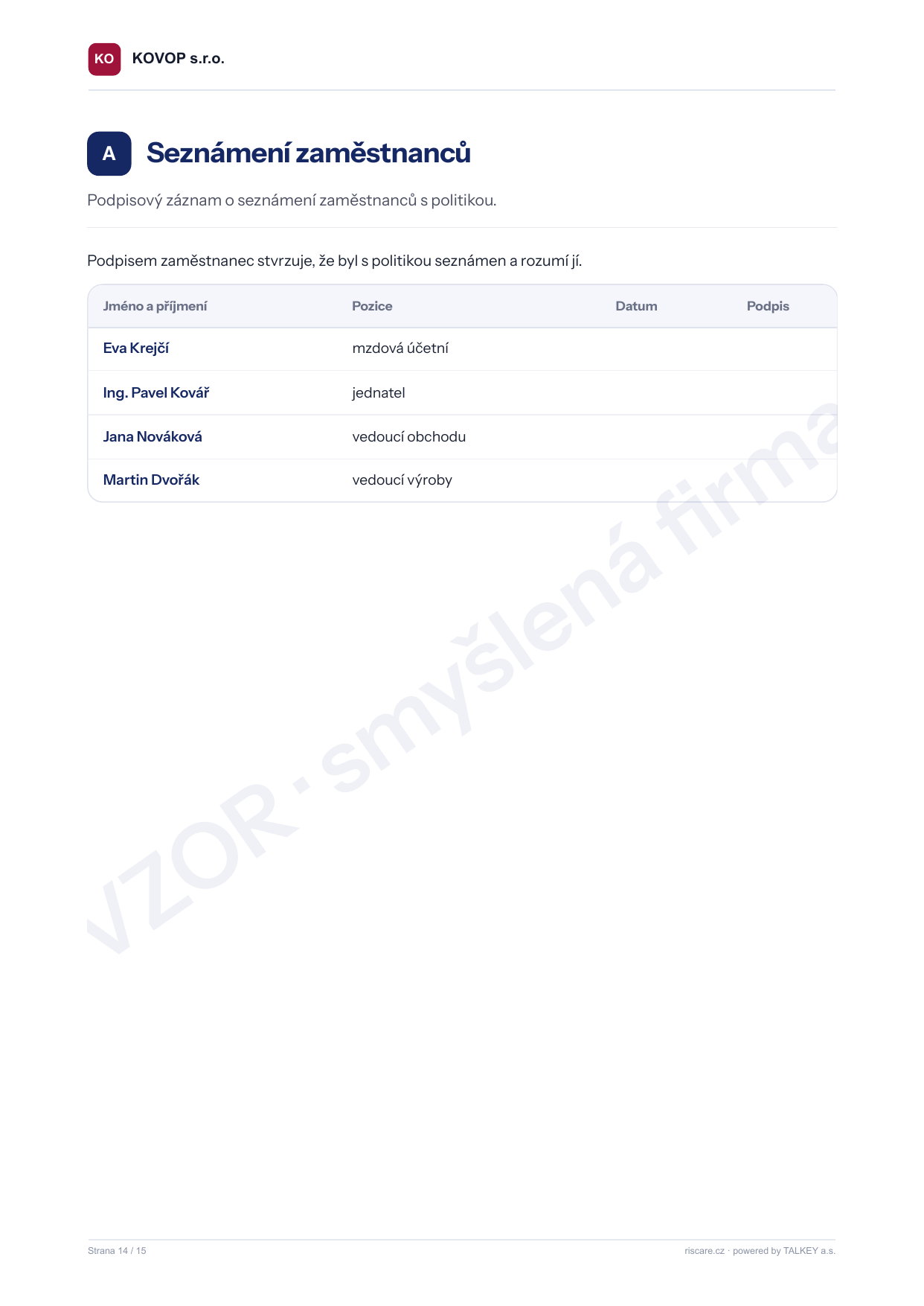 Příloha se seznámením zaměstnanců a podpisy